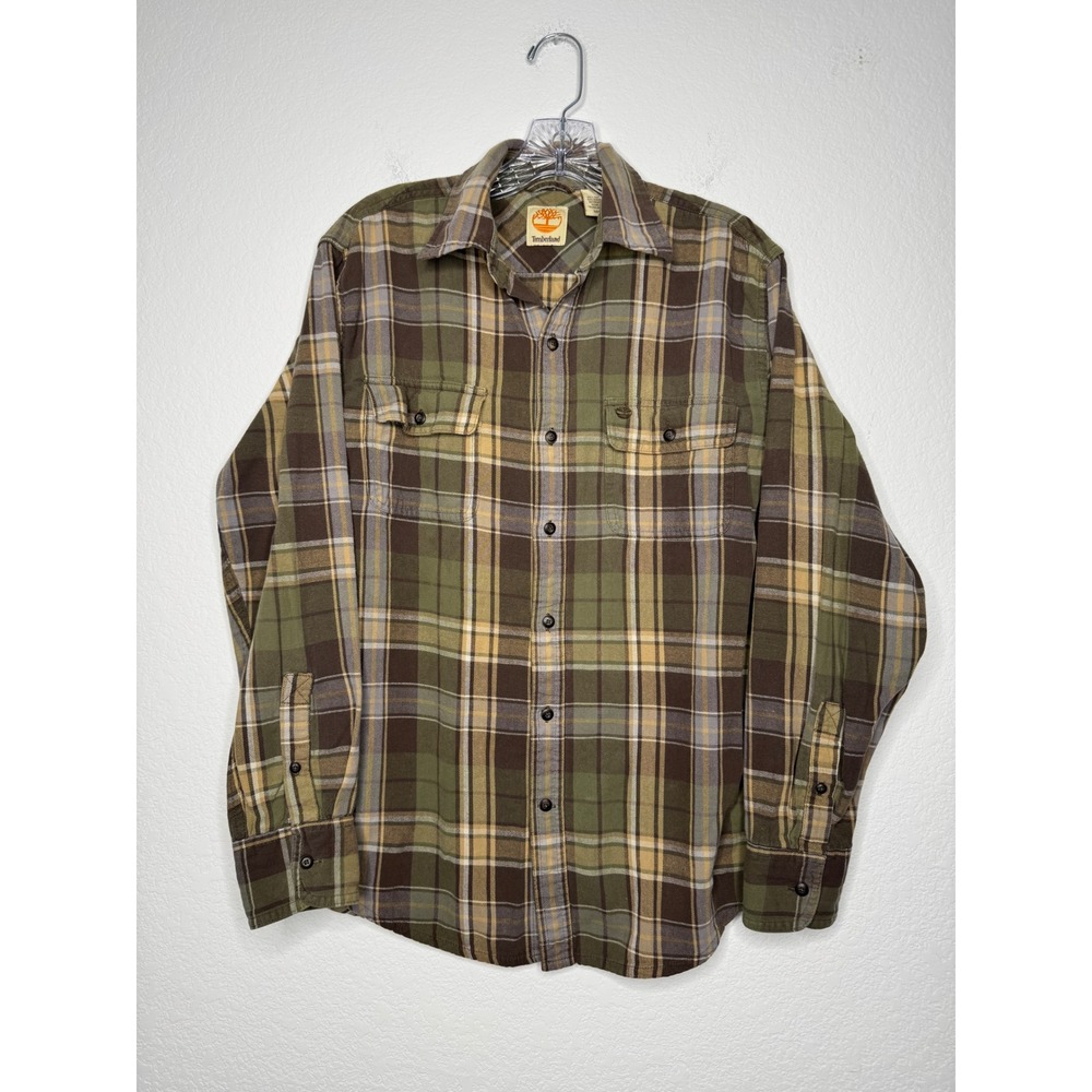 Timberland Mens Plaid Button Down Shirt Olive Green Brown Flannel Cotton M G10